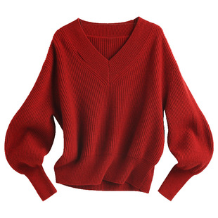 PALUOPO/帕罗2025秋冬新款大V领纯羊绒衫女肌理提花节日红色款
