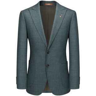 吉约蒙灰绿色格子西装外套男商务休闲上班正装新郎结婚西装修身