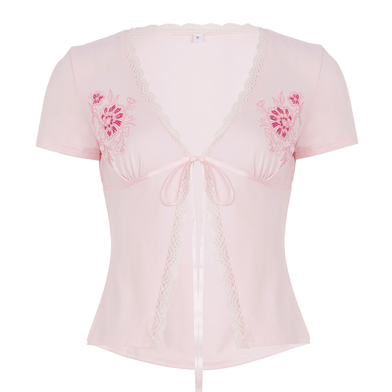 IAEY法式复古花卉蕾丝花边系带V领短袖T恤性感镂空开叉露脐上衣夏