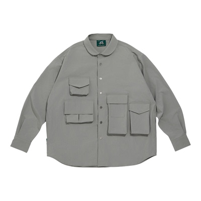 todaynowind 抗皱易打理 多口袋长袖圆领衬衫 双插袋简约宽松衬衣