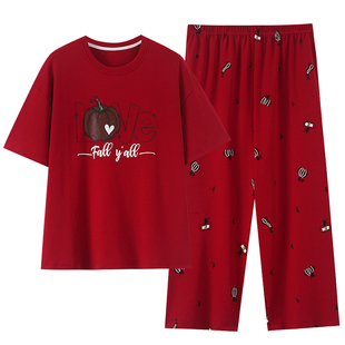 芬腾可安睡衣女款2026新款夏季纯棉带胸垫短袖七分裤大码红家居服