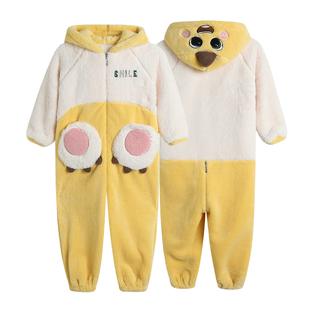 奶龙女中大童珊瑚绒连体睡衣冬季加厚法兰绒可爱连帽保暖儿童睡袋