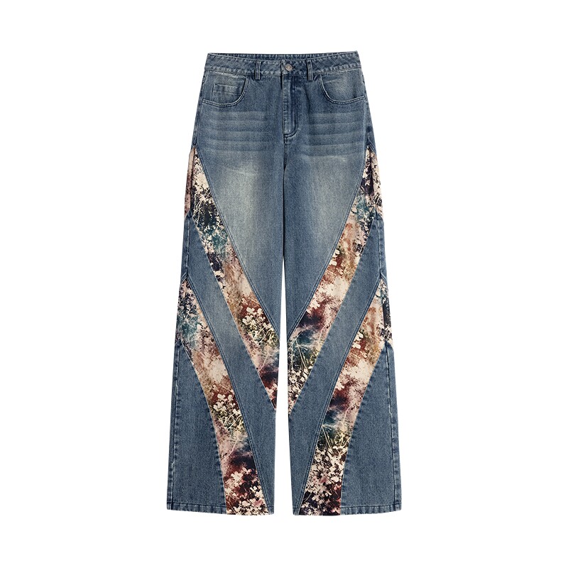 Desigual26秋冬新品手绘植物晕染印花拼接斜条阔腿女式牛仔裤