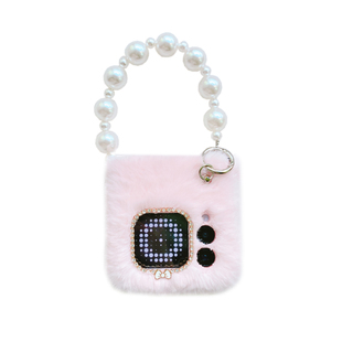 粉色毛绒珍珠链适用华为purax手机壳新款NovaFlip折叠屏p50pocket2保护壳三星Galaxyzflip7全包防摔秋冬款女