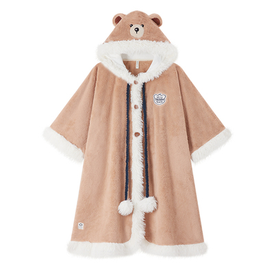 BE珊瑚绒女泰迪熊连帽斗篷女冬