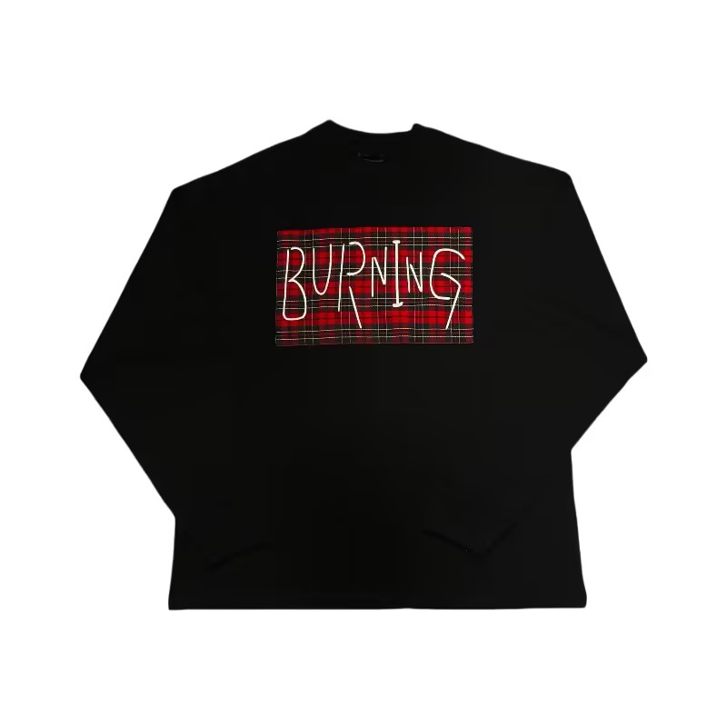 BurningDreamers秋冬新品小领口刺绣格子布长袖t恤潮流宽松情侣款