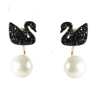 韩版黑天鹅耳环镶钻贝壳珍珠免打孔耳钉女无耳洞耳夹后挂式耳饰品