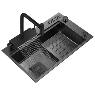 阿萨斯厨房阶梯水槽黑色纳米灵雨瀑布花洒单槽不锈钢洗碗槽洗菜盆