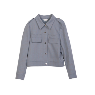 诗梦女装春季新款灰蓝色短款外套POLO翻领休闲夹克单排扣工装风
