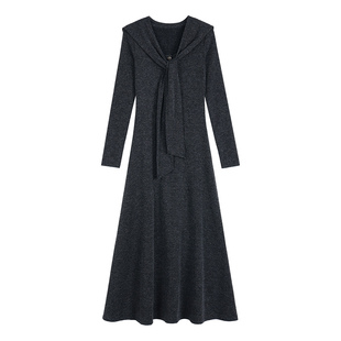 pusumede惬意午后 大U领长袖针织连衣裙女设计感可拆披肩修身长裙