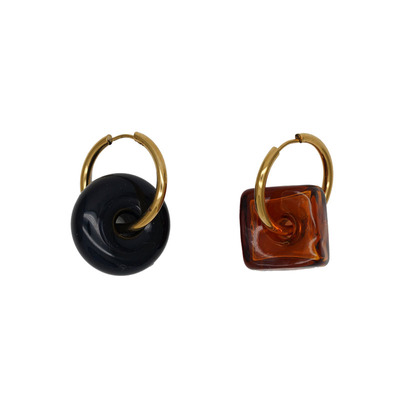 耳边铛236原创设计棕色方形玻璃耳环几何新中式耳圈黑色耳饰耳夹