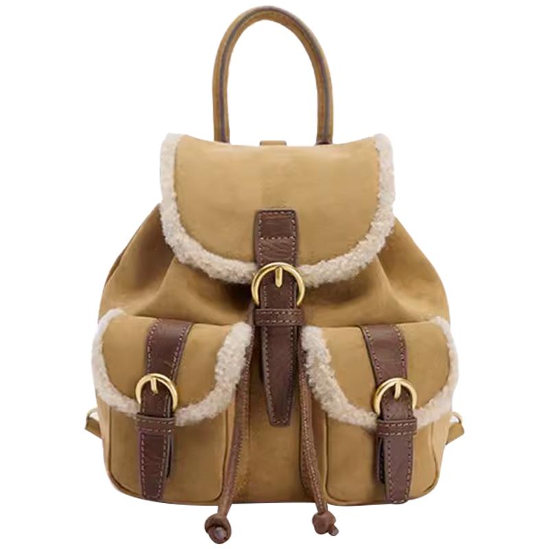 UR小背包2025新款女士秋冬复古麂皮绒双肩包拼接羊羔毛多口袋书包