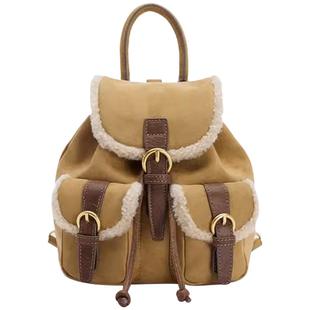 UR小背包2025新款女士秋冬复古麂皮绒双肩包拼接羊羔毛多口袋书包