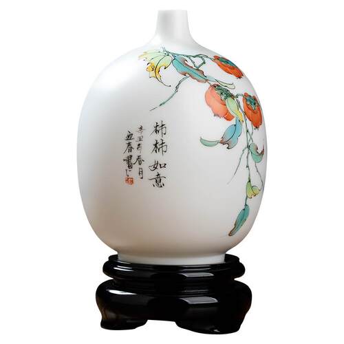 东方泥土《柿柿如意》德化羊脂玉白瓷手绘花瓶摆件 客厅艺术瓷瓶