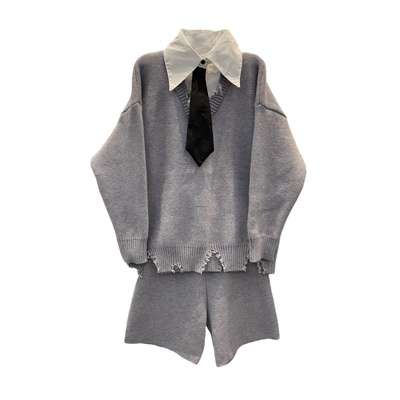 韩系学院风假两件拼接衬衫领毛衣