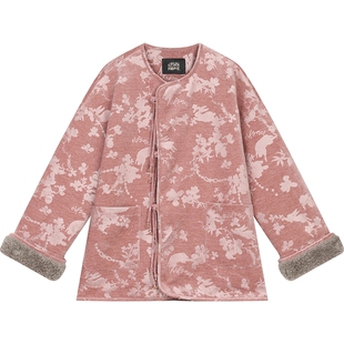 妖精的口袋新中式提花粉色棉衣女2026冬季新款毛绒拼接夹棉厚外套