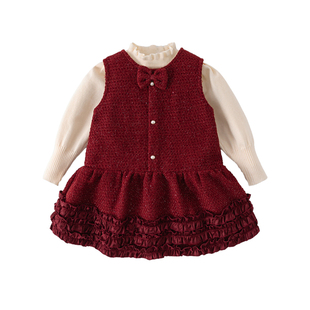 女童连衣裙秋冬季小香风儿童加绒背心裙套装女宝宝冬装红色公主裙