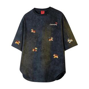 查尔斯桃心满天星纯棉扎染短袖T恤男女夏季新款小马印花重磅半袖
