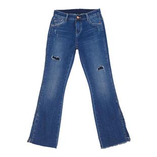 mini brand新款正蓝色高腰松紧腰假破洞修身显瘦九分小喇叭牛仔裤