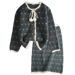 复古风高初中生女孩套装裙子2025秋冬新款女童开衫毛衣长裙两件套