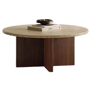 侘寂风洞石茶几实木高级感轻奢边几角几中古家用民宿客厅圆形茶桌