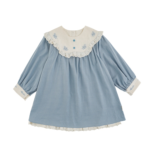 幼悠女童2026春季新款斜纹纯棉蕾丝森系连衣裙灯笼袖女孩可爱裙子