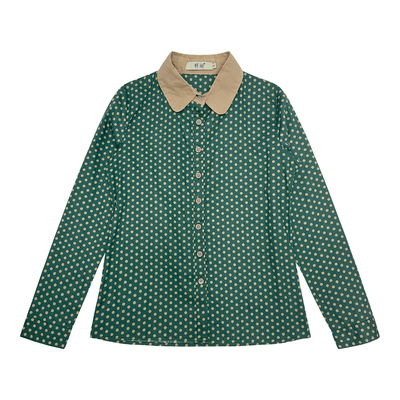 25秋日杂古早文艺复古拼色舒适纯棉休闲波点长袖高领衬衫上衣女