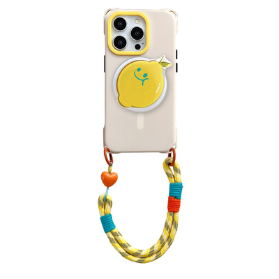 笑脸柠檬磁吸支架手机壳带挂绳适用于苹果15/16华为mate60/70四角开孔小米14/15ultra斜挎背带vivo200u防摔