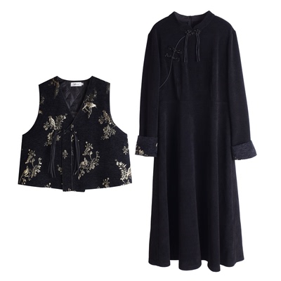 复古风金色提花一整套大码连衣裙