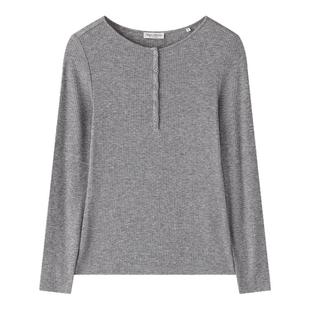 Marc O'Polo/MOP25春秋季新款羊毛混纺亨利领坑条长袖T恤女打底衫