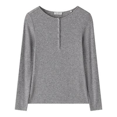 MOP羊毛混纺亨利领坑条长袖T恤女