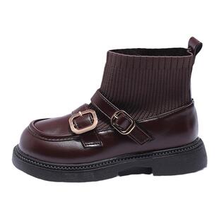 女童靴子洋气袜子靴2025春秋新款小女孩英伦风短靴宝宝软底皮靴冬