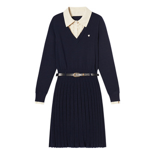 EPTISON长袖连衣裙女2025冬季新款收腰小个子学院风假两件短裙子