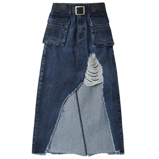 【陈梦同款】ANDREAMARTIN夏新款复古休闲不对称水洗牛仔半身裙