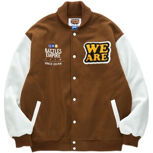 Battles 秋冬全毛呢重磅毛巾绣夹棉棒球服夹克外套男国潮宽松