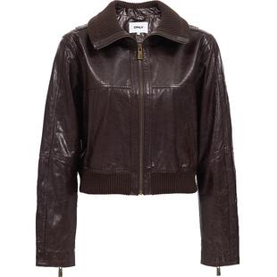 ONLY2026春季新款复古羊皮油蜡质感罗纹针织翻领短款皮衣外套女