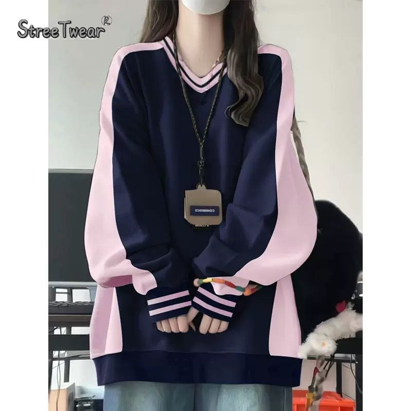 秋冬甜美风撞色卫衣 女款藏青拼红V领上衣 加厚银狐绒通勤卫衣 韩