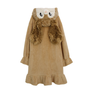 杨二大梦原创漫画眼大耳朵狗毛绒花边睡裙女款家居服加厚冬季睡袍