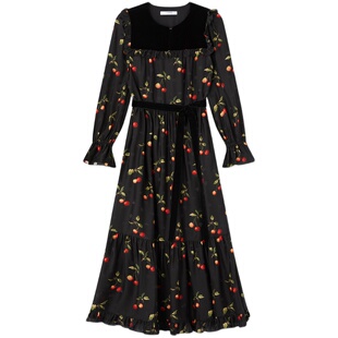 【赛马会】LK BENNETT丝绒拼接连衣裙樱桃印花连衣裙法式长裙