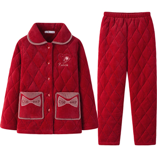 睡衣女士秋冬季冬天珊瑚绒加厚加绒夹棉袄保暖本命年大红色家居服