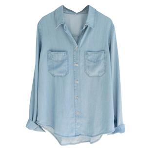 出口外套高端浅蓝色天丝牛仔衬衫女垂感气质上衣外套百搭打底衫