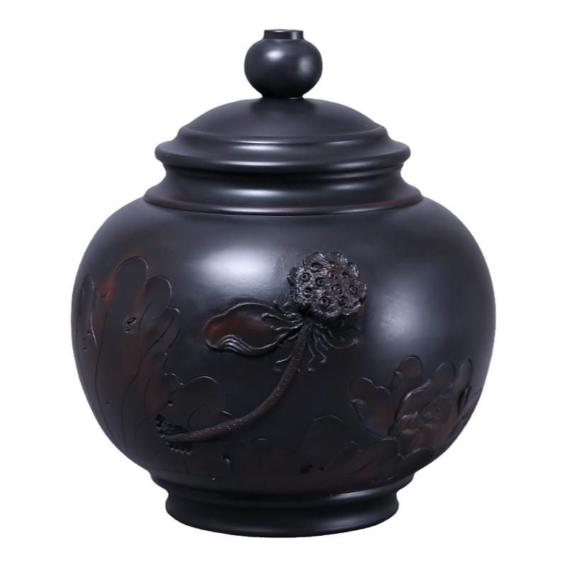 建水紫陶手工散茶罐浮雕灯笼罐