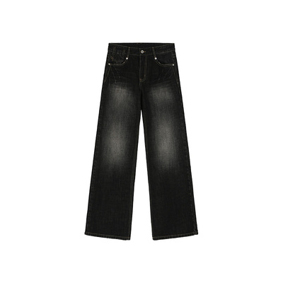 SEEKSIMPLE 经典版型黑灰色水洗低腰直筒显瘦宽松牛仔裤D0574