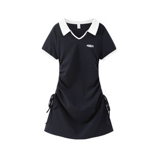 通勤韩系蓝色复古撞色POLO领短袖连衣裙抽绳修身显瘦短裙夏季女士
