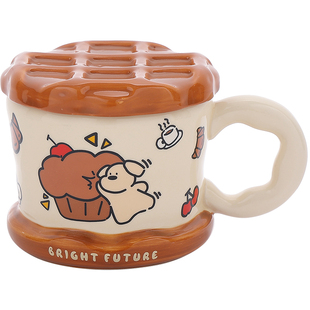 华夫饼马克杯带盖陶瓷杯子办公室大容量水杯女生高颜值可爱咖啡杯