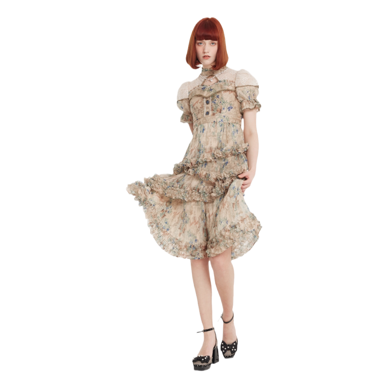 LULUALWAYS【 田园春意】秋季新款田园风中长款公主蛋糕连衣裙女