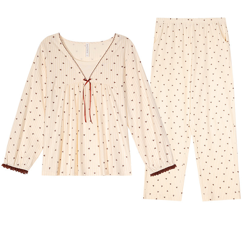 玛伦萨7A抑菌防螨100%纯棉睡衣女春秋新款女士长袖长裤家居服套装