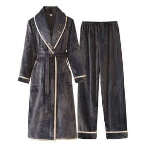 男睡袍珊瑚绒加厚加绒冬季法兰绒睡衣套装男士裤秋冬长款保暖浴袍