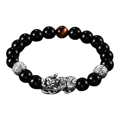 老银匠s999足银貔貅手链男款玛瑙虎眼石铜钱纯银手串送男朋友礼物