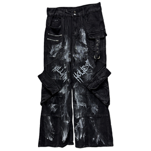 Miub亚文化废土风水洗皱褶微亚牛仔裤男女复古做旧宽松阔腿长裤秋